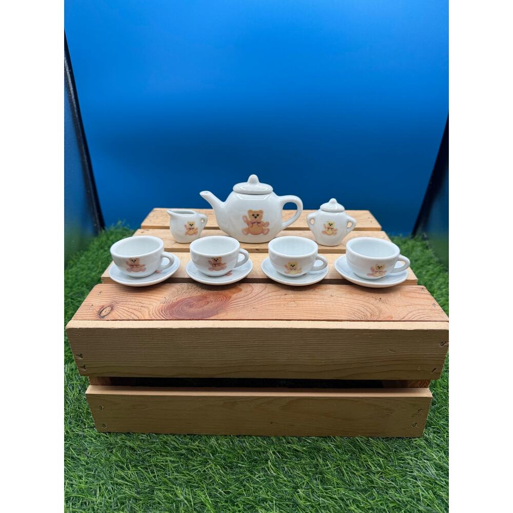 Vintage Miniature Teddy Bear Porcelain Tea Set-13 Piece Child’s Set-White & Pink